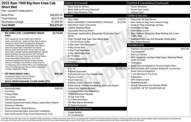 2022 RAM 1500 Big Horn Crew Cab 4x4 5'7" Box